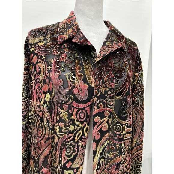 Chicos Sz 2 Lg Black Multicolored Open Velvet Burnout Relaxed Cardigan Blouse - Picture 3 of 11